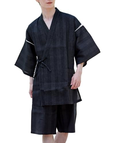 GIORNO SEVEN Men's Japan Kimono Jimbei SIJIRAORI Jinbei Set Yukata Loungewear Bathrobe men's robe M-Black 3XL