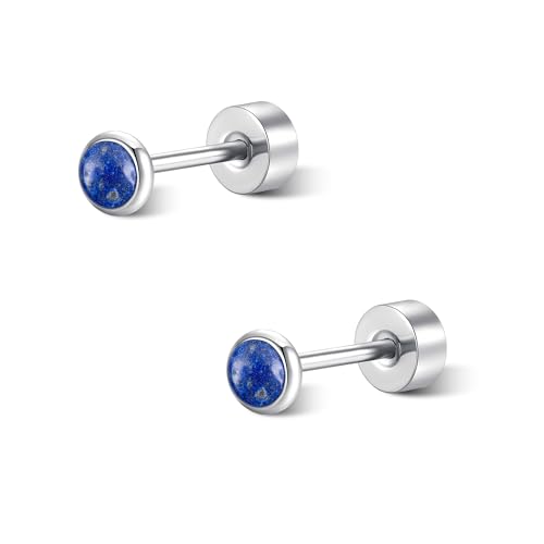 FACOKO Flat Back Earrings for Women G23 Titanium Hypoallergenic Lapis Lazuli Earrings 3MM Stone Flat Back Studs Earring for Multiple Piercings Flatback Earring Sensitive Ears