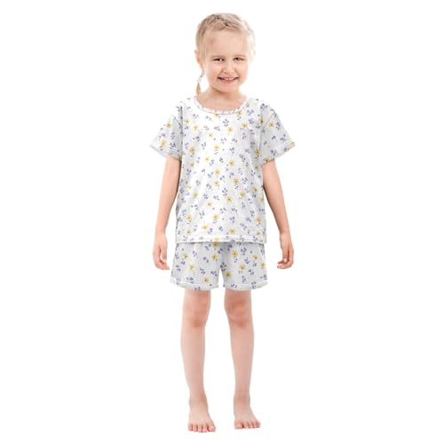 Yellow Flowers Purple Leaves Pattern Summer Cute Pajama Sets, Short Sets for Daily Wears and Sleep Wears3