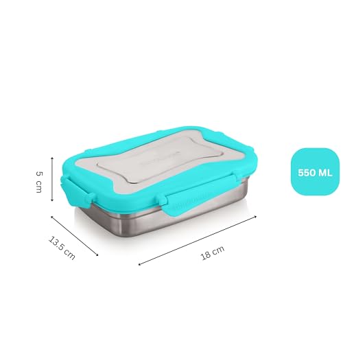 Image of STEELLOCK Smart Stainless Steel Tiffin Lunch Box for Kids and Adults | Airtight & Leakproof | Rectangle Tiffin Box for School & Office with Steel Lid | Turquoise 550ml - 2pc