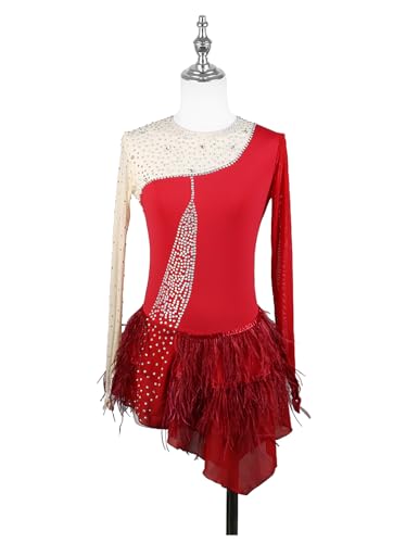 Vestido profissional de patinação artística vermelho manga longa com strass feminino meninas skate c