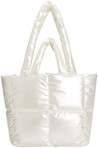 Plusfeel White Puffer Bag Quilted Shoulder Handbag Versatile Soft Padded Tote Bag for Shopping and Everyday Use, White