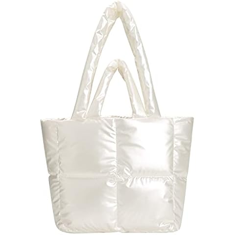 Plusfeel Puffer Bag Padded Puffy Tote Bag, Fluffy Lattice Handbags for Women, Quilted Puffer Tote Bag Shoulder Bag Puffer Luxury Bags for Travel, Work Daily, Gym - White Cover