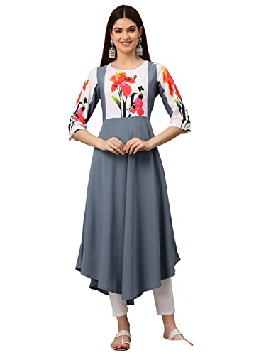 Image of Women's Crepe A-Line Printed Kurti(ALC9121STL1 Steel 3X-Large)