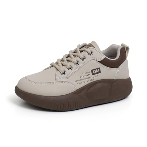 Women's Low Top Thick Sole Boots,Lace-Up Platform Sneakers,Casual Non Slip Walking Shoes, Fashion Comfort Platform Round Toe Loafers (Khaki-1,6)