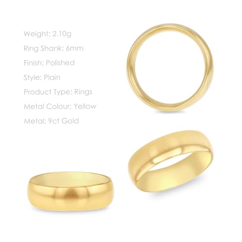 CARISSIMA Obrączka ślubna unisex, 9-karatowe żółte złoto, 6 mm, wygodny krój, jednolity kolor, Złoto, Brak kamienia szlachetnego