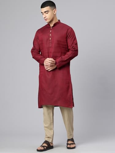 Image of Majestic Man Men's Cotton Regular Fit Traditional Mandarin Collar Ethnic Motifs Solid Long Kurta
