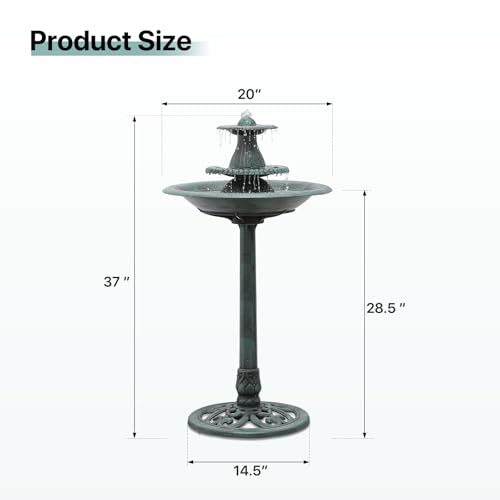 Athena Collection 37\'\' Height Bird Bath Vintage Pedestal Birdbath Electric Water Fountain with Recirculating Pump Polypropylene Floral Accents 3 Tier Birdbath for Outside, Patio, Garden, Green