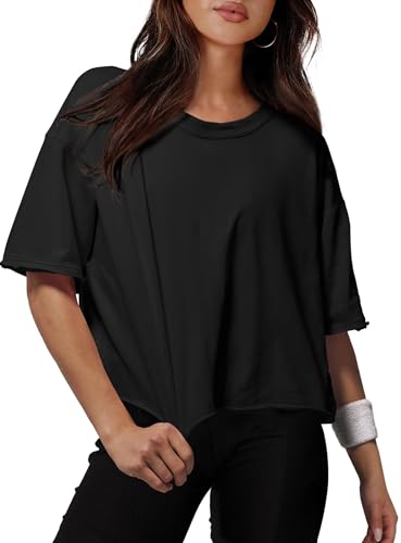 Image of XIEERDUO Cotton Gym Crop Tops for Women UK Short Sleeve Summer Casual T Shirts Loose Fit Sports Yoga Crewneck Ladies Tops Black S