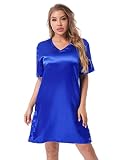 Aiihoo Damen Satin Nachthemd Kurzarm V-Ausschnitt Nachtkleid Sommer Schlafkleid Unterkleid Nachtwäsche Schlafanzug Pyjama Sleepwear Homerwear Königsblau L