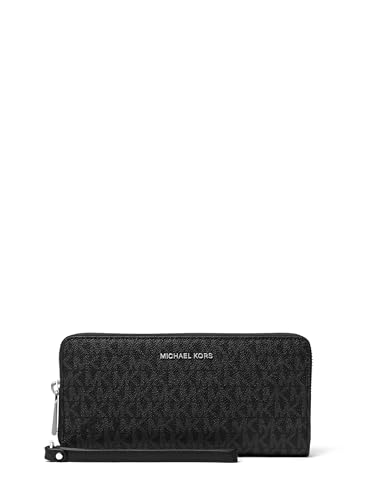 Image of Michael Kors Jet Set Travel Continental, Silver-Tone Hardware /Tonal MK Signature Coated Twill /Black
