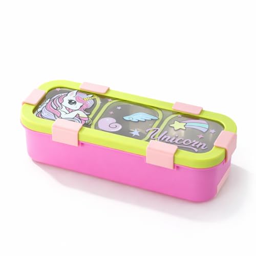 Image of Kids Lunch Box with 3 Compartments | 500ml Unicorn Cartoon Print Stainless Steel Bento Box for School | Leak-Resistant, BPA-Free Food Container Tiffin for Boys & Girls - Pink