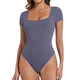 Joyshaper Body Damen Kurzarm Bodysuit Eckiger Ausschnitt Stringbody Elegant Damenbody Sommer Oberteil Tops T-shirts Helles Graublau,M