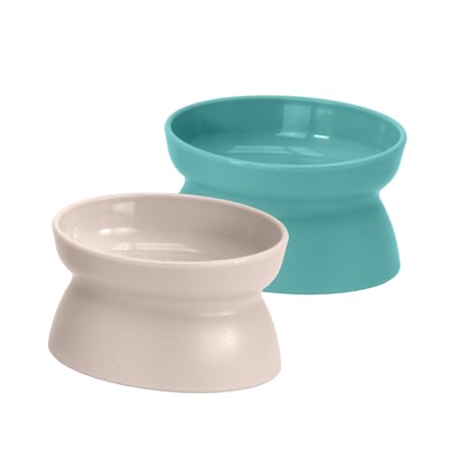 Image of Kitty City Elevated Cat Bowls (Set of 2), Whisker-Friendly Raised Cat Food & Water Dishes, Modern Pedestal Design, Dishwasher Safe, 10.8 oz Each - Teal & Light Pink