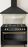 PACK 9 COCINA A GAS F9L50G2B CM HORNO PANORAMICO NEGRA RÚSTICO + CAMPANA A JUEGO DECORATIVA (negro rústico ribetes dorados)