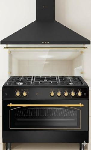 Pack 9 Cocina A Gas F9l50g2b Cm Horno Panoramico Negra Rústico Campana A Juego Decorativa Negro Rústico Ribetes Dorados
