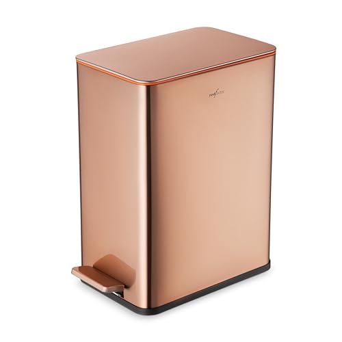 RED FACTOR Slim 10L Pedal Bin for Narrow Spaces – Stainless Steel Waste Bin with Soft-Close Lid and Removable Inner Bucket for Bathroom, Kitchen, Bedroom or Office (Copper)