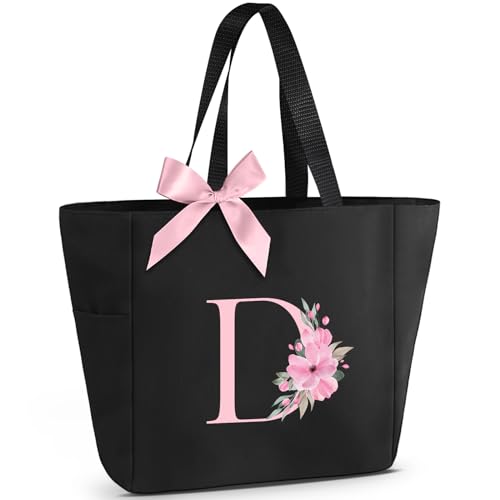 Vavabox A-Z Süße Einkaufstasche mit Initiale und Monogramm, wasserdicht, Brautjungferngeschenk für Frauen, Schwarz und Pink, D, St-042-initial-k-black