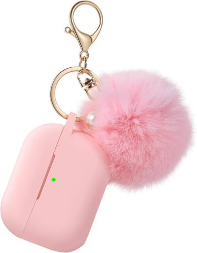 Protective Case for Airpods Pro 3 2025, Compatible for Airpods Pro 3rd Generation Case Soft Silicone Together Puff Fluffy Ball Pom Pom and Keychain (Light Pink)