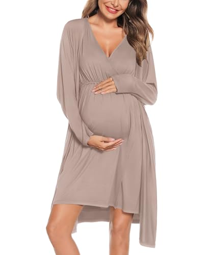 Image of SWOMOG Women Maternity Nursing Gown and Robe Set 3 in 1 Labor Delivery Nursing Nightgown for Breastfeeding Hospital Bathrobe