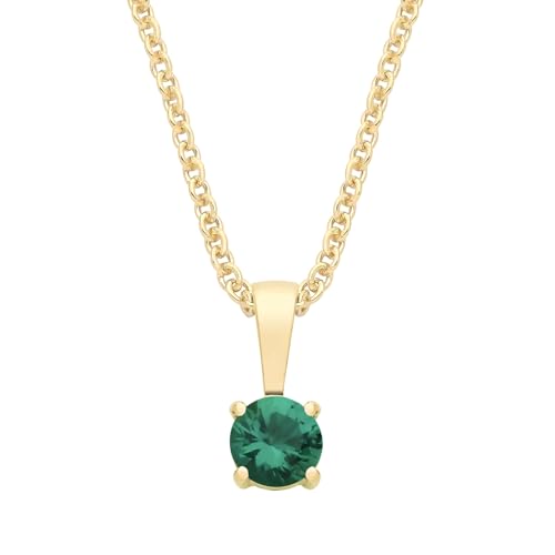 Image of 9ct Yellow Gold Created Emerald Round Solitaire Pendant May Birthstone + 18" Chain Necklace