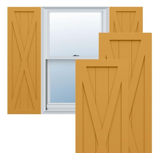 15"W x 29"H True Fit PVC Single X-Board Farmhouse Fixed Mount Shutters, Turmeric (Per Pair - Hardware Not Included)