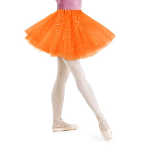 AYBUY Jupe Tutu pour Femme avec Paillettes Étoiles,3 Couches Jupe en Tulle Rétro Années 80,Fête Halloween Carnaval Costume De Fête,Jupe Tutu Rétro Accessoire Fluo Danse Habiller Fille,Orange
