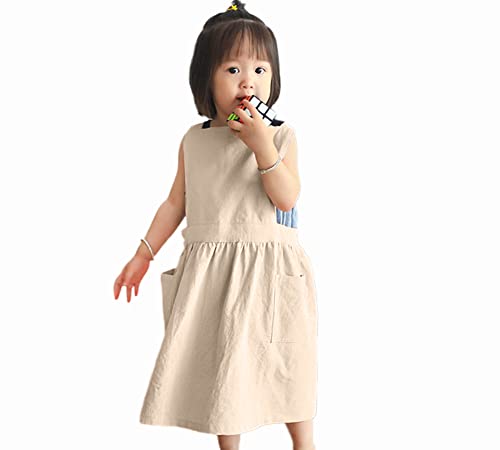 Losofar Children Cotton Apron Japanese Style Bib Home Clothes Painting Soft Comfort Pinafore Apron For Girls Boys (Khaki, 23.2"X25.9") #TOP21
