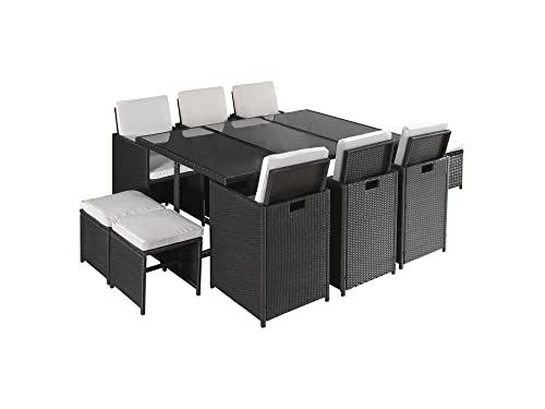 Best Mobilier - Salon de Jardin Encastrable Noir Fira - en Résine Tressée à la Main - Plateau en Verre Trempé - avec Housse de Protection - Coussins Déhoussables Gris - 10 Places