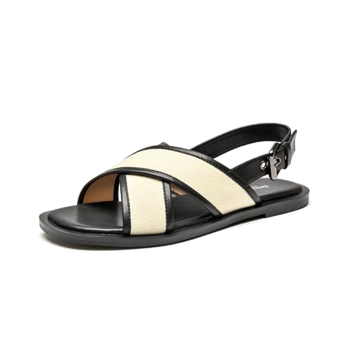 BEAU TODAY Flat Sandals for Women, Women’s Leather Sandals with Back Strap, Open Toe Summer Shoes Buckle Comfortable Dress Sandals Shoes for Women