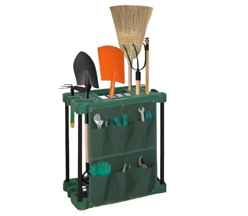Garden Tidy Tool Rack Shed Storage Organiser Equipment Caddy Gardening Accessories Holder Stand Garage Yard Space Saving Rakes Shovels & More (With Pocket)