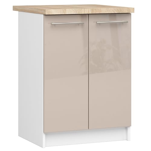 AKORD | Küchenschrank mit Arbeitsplatte - Oliwia S60 | Küchenunterschrank mit 2 Türen und 2 Einlegeböden | Unterschrank Küche 60 cm Breit | ABS-Kante 18 mm | 46 x 60 x 85 cm | Weiß & Cappuccino Glanz