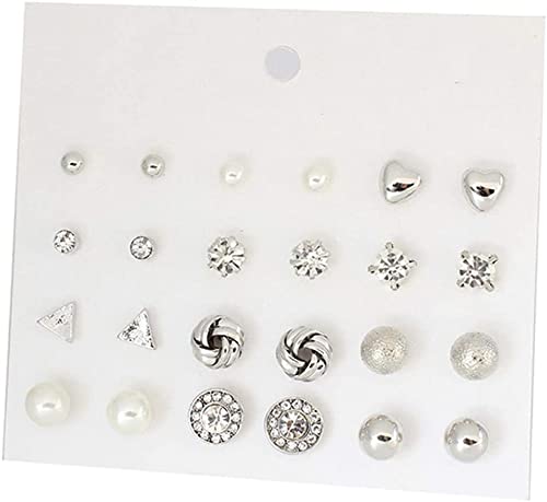 12 Pair stud earring Pack crystal Simulated Pearl stud earrings set for Women ear stud Combination silver Practical