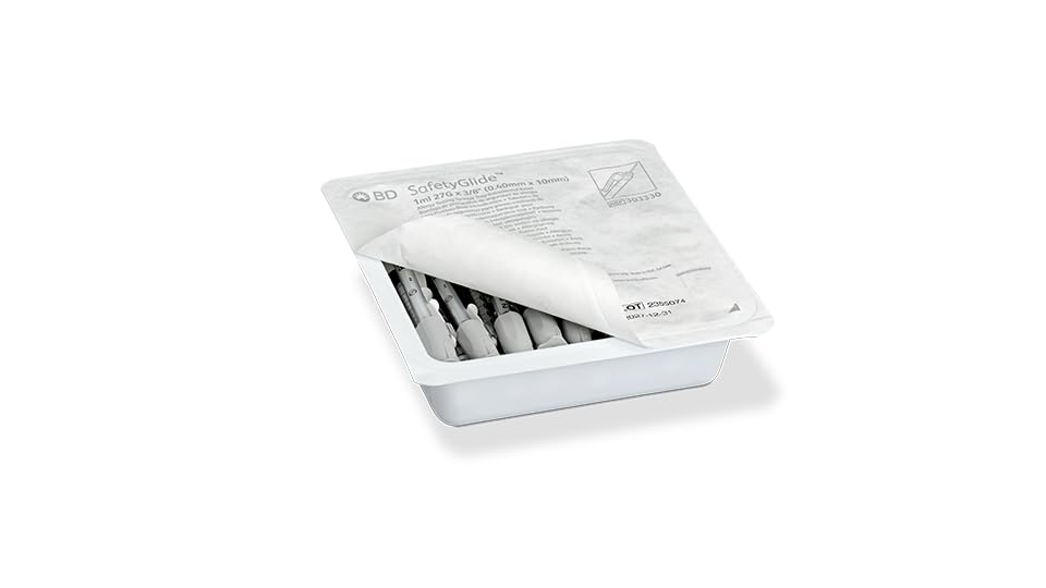 BD SafetyGlide Allergy Syringe Tray, 1 mL, 27 G x 3/8 in. Permanently Attached Needle (intradermal Bevel) #303330 (25 Count)