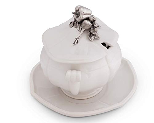 Vagabond House Stoneware Tureen with Pewter Vegetable Lid and Stoneware Tray 3 pieces Tureen/Lid/Tray - 13 Inches Long