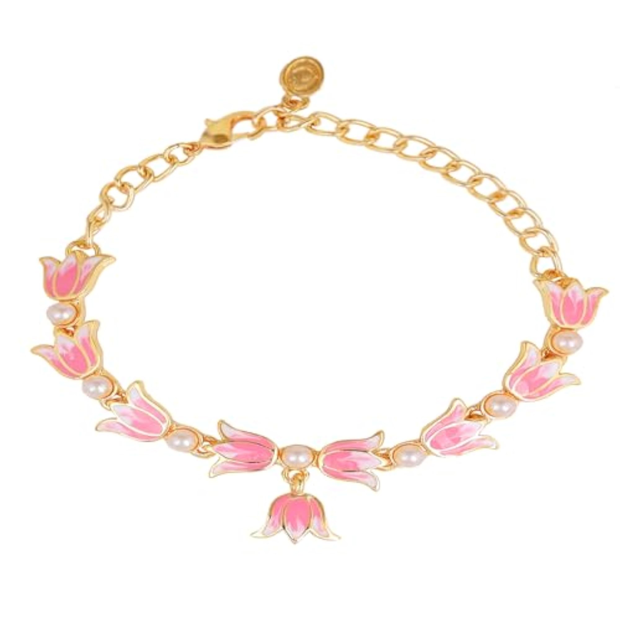 Plated Lotus and Enamel Pearl Link Bracelet