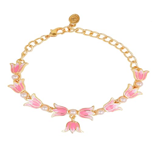 Plated Lotus and Enamel Pearl Link Bracelet