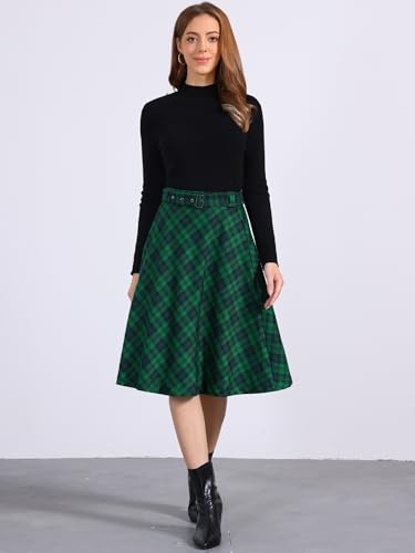 Allegra K Women's Tartan Plaid High Waist Belted Vintage A-Line Midi Skirt3