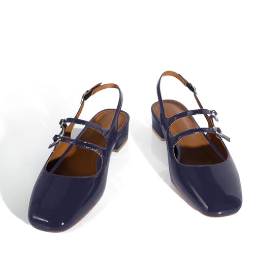 Image of anteikira Women's Round Toe Slingback Flats Closed Toe Double Strap Mary Jane Flats for Women 1 Inch Heel Dress Shoes Low Heel Causal Work Office Pumps for Women Size 5.5-12US