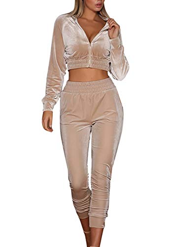 Adogirl Womens Velour Two Piece Outfits Tracksuit Crop Jacket and Tenths Pants Apricot S