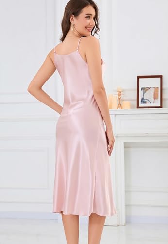 Image of ALCEA ROSEA Women's Midi Satin Slip Dress Adjustable Spaghetti Strap Nightgown Silky Under Dresses