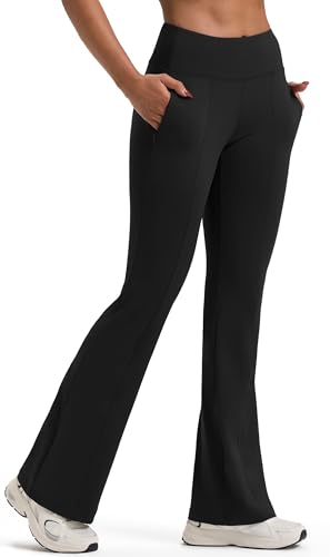 PERSIT Bootcut Yoga Pants for Women with Pockets High Waist Womens Flared Leggings Wide Leg Bottom Bootleg Workout Gym Business Casual Work Flare Trousers UK - 32 Inches Black L