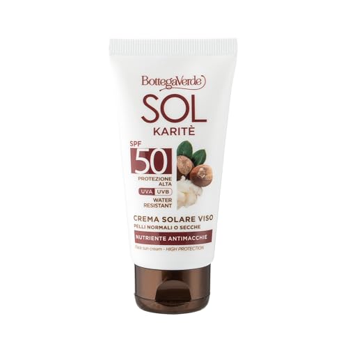 Bottega Verde - SOL Karitè, Crema Solare Viso, 50ml, SPF 50, Arricchita con Burro di Karitè, Nutriente e Antimacchie, Senza Profumo, Senza Siliconi, Specifica per Pelli Normali o Secche, Fototipo 1,2