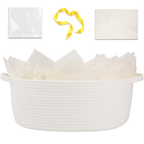 Image of OIAHOMY Gift Basket with Handle, 15.4 inchx 11.4 inchx 6.7 inch Woven Basket with Gift Bag, Ribbon and Wrap Tissue Paper, Nursery Bins Empty to Fill with Towels, Baby, Pet Toy Organizer - White