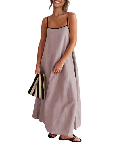 Image of Senllen Women's Linen Dress Summer Loose Flowy Sundress Contrast Spaghetti Strap Sleeveless Backless Beach Maxi Long Dresses