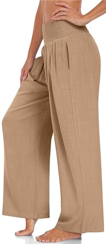 Women's Summer Linen Wide Leg Pants High Waist Casual Beach Belt Sweatpants Pockets Lounge Pants Women Baggy Pants