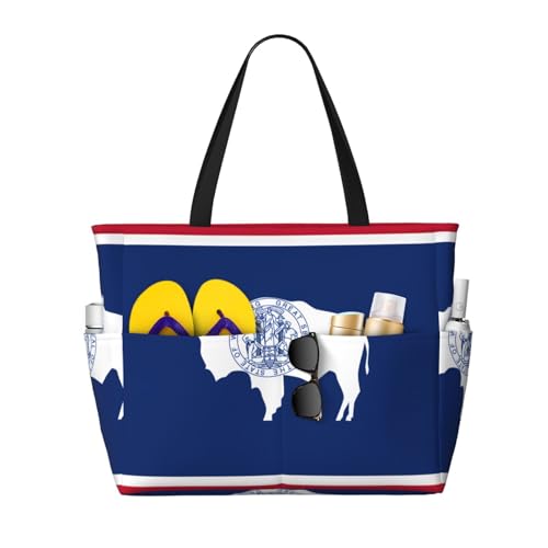 Large Capacity Beach Bag Women Print Tote Bag Waterproof Beach Bag Reusable Travel BagWyoming State Flag