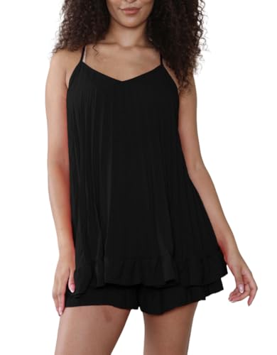 FAIRY BOUTIQUE Conjunto de 2 piezas de camiseta italiana con cuello en V y pantalones cortos para mujer, Negro, 20-22