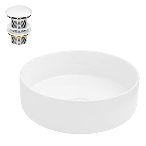 ECD Germany Lavabo Ronde en Céramique, Ø 355 x 120 mm, Blanc, avec Garniture de Vidage 1 1/4, pour Lavabo sans Trop-Plein, Vasque à Poser, Évier Moderne, Lave-Mains,...