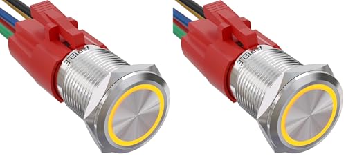 Image of APIELE 16mm Latching 12V Push Button Switch On Off Stainless Steel with LED Angel Eye Head for 0.63 inch Mounting Hole with Wire Socket Plug Self-Locking (Yellow) (Pack of 2)